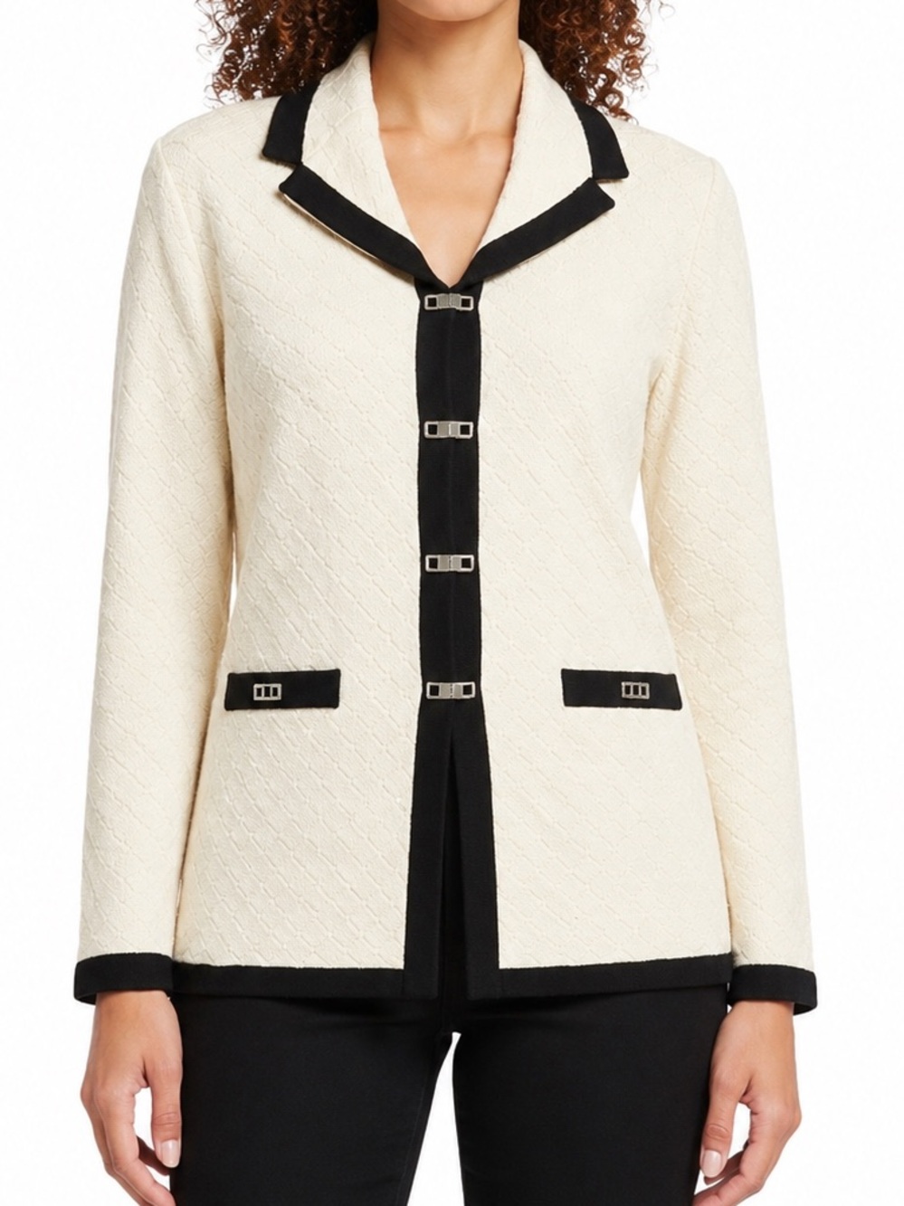 St John Collection Marie Gray Cream Black Knit Blazer Jacket Womens 8 Vintage